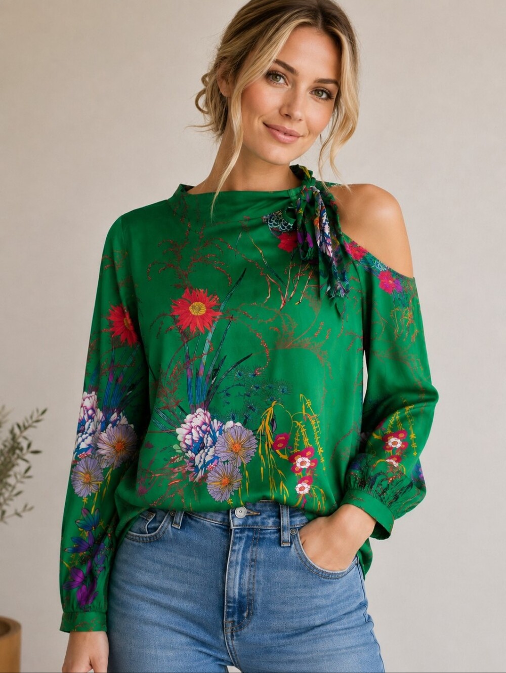 Hale Bob Green Floral Cold Shoulder Tie Neck Blouse